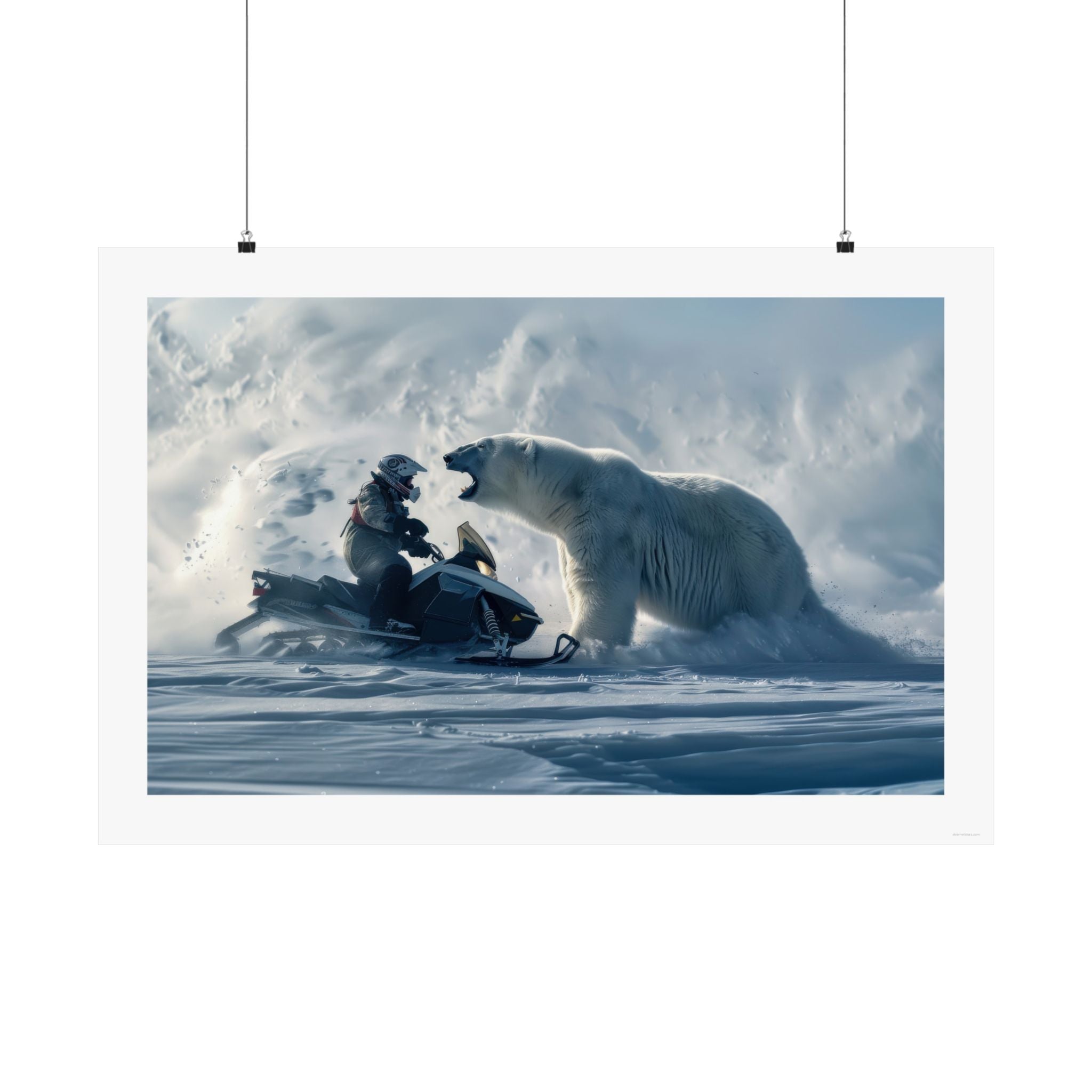 Bear Down Gallery Print, poster, wall art, photo, rider on a snowmobile going face to face with a polar bear